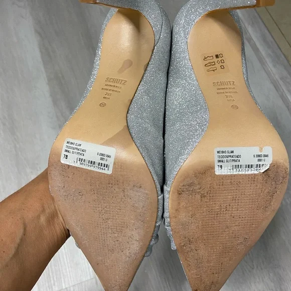 SCHUTZ Meisho Glam Silver Metallic Pointed Toe Heels Size 7 - Picture 6 of 8